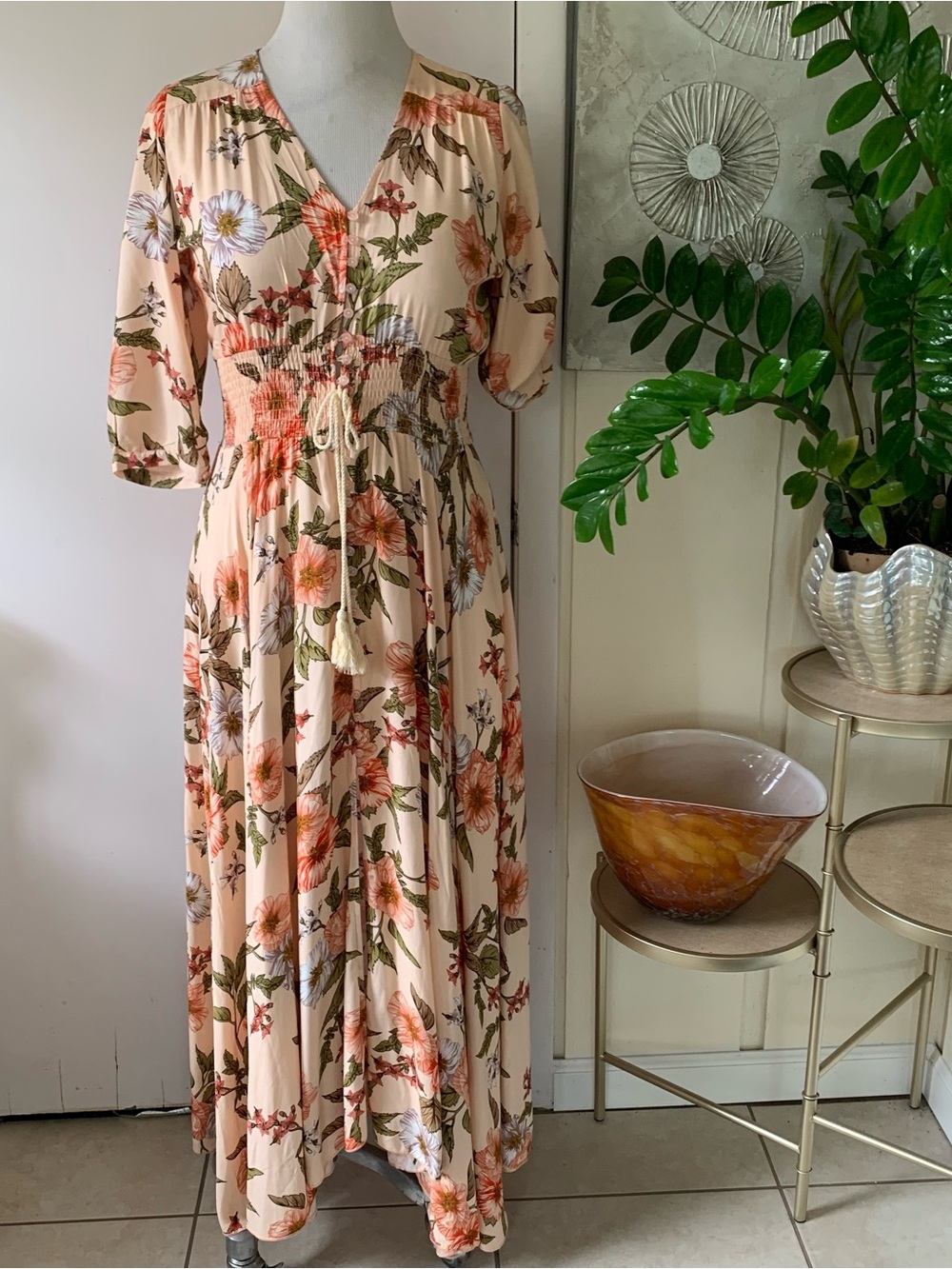 NWT Jaase  Boho High Low Floral Rayon Empire Waist Tassel Tie Maxi Dress Size L
